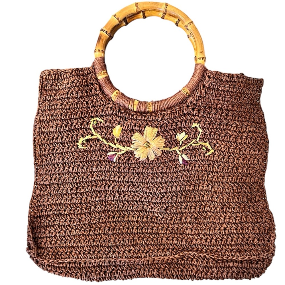 Vintage Betsey Johnson New York Woven Bag Embroidery Bamboo Handle - Picture 8 of 8